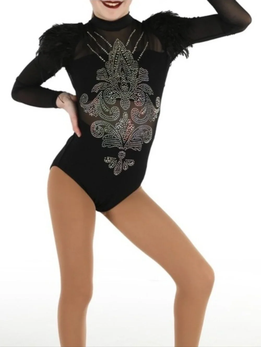 Revolution Rhinestone Mesh Feathered Dance Leotard